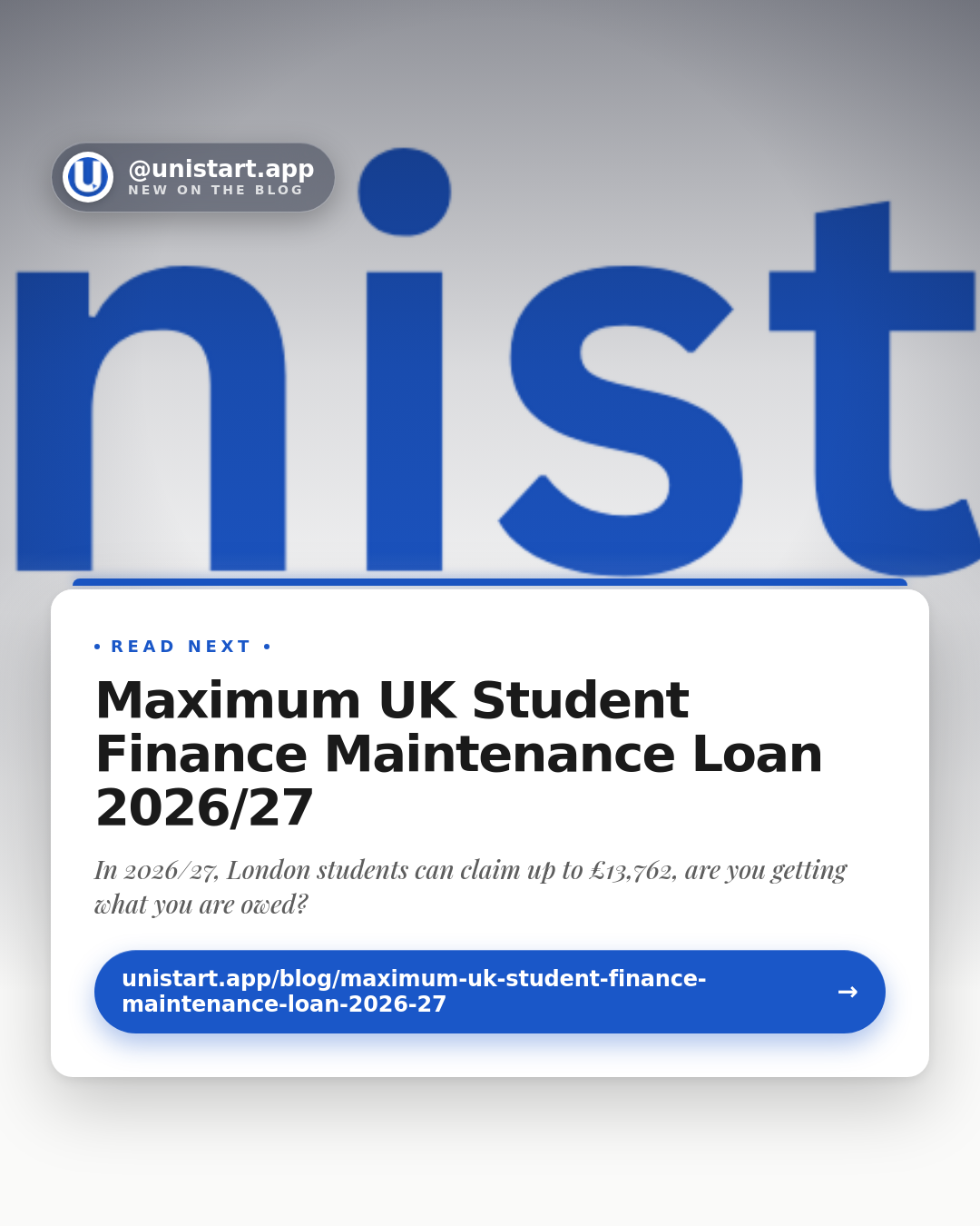 Blog promo card titled 'Maximum UK Student Finance Maintenance Loan 2026/27' on a soft background.