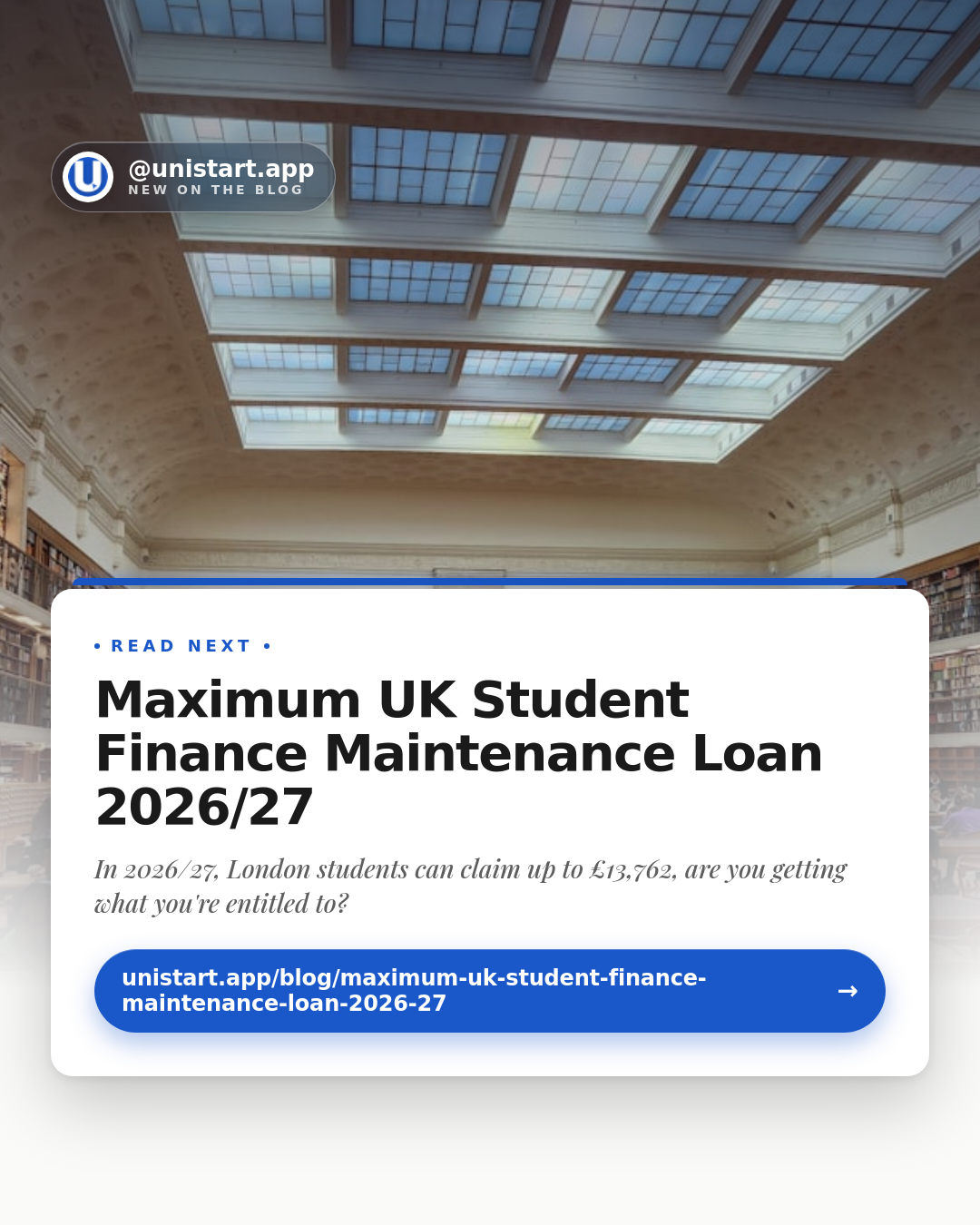 Blog promo card titled 'Maximum UK Student Finance Maintenance Loan 2026/27' on a soft background.
